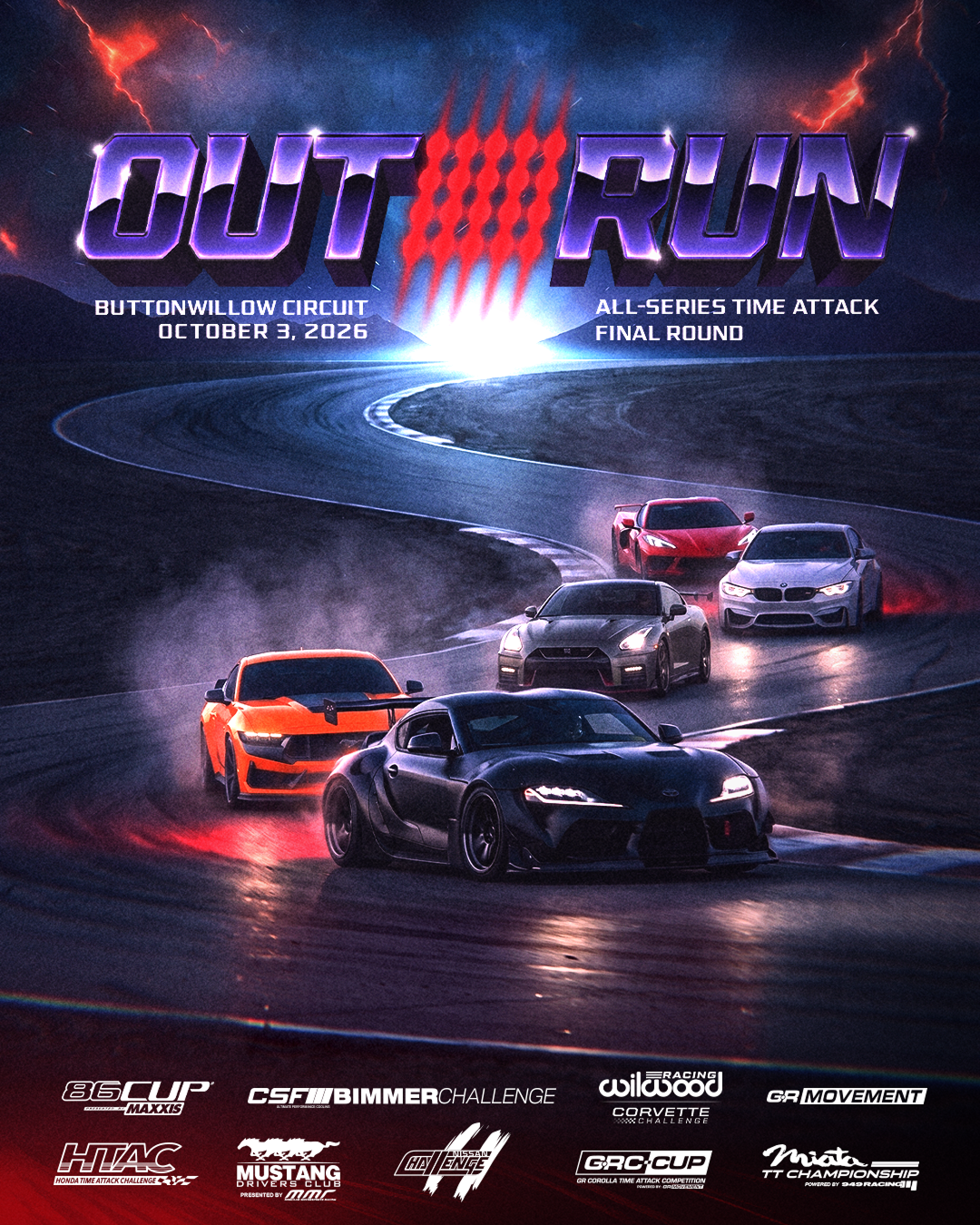 OUTRUN — All-Series Time Attack, Final Round. October 3, 2026, Buttonwillow Circuit.